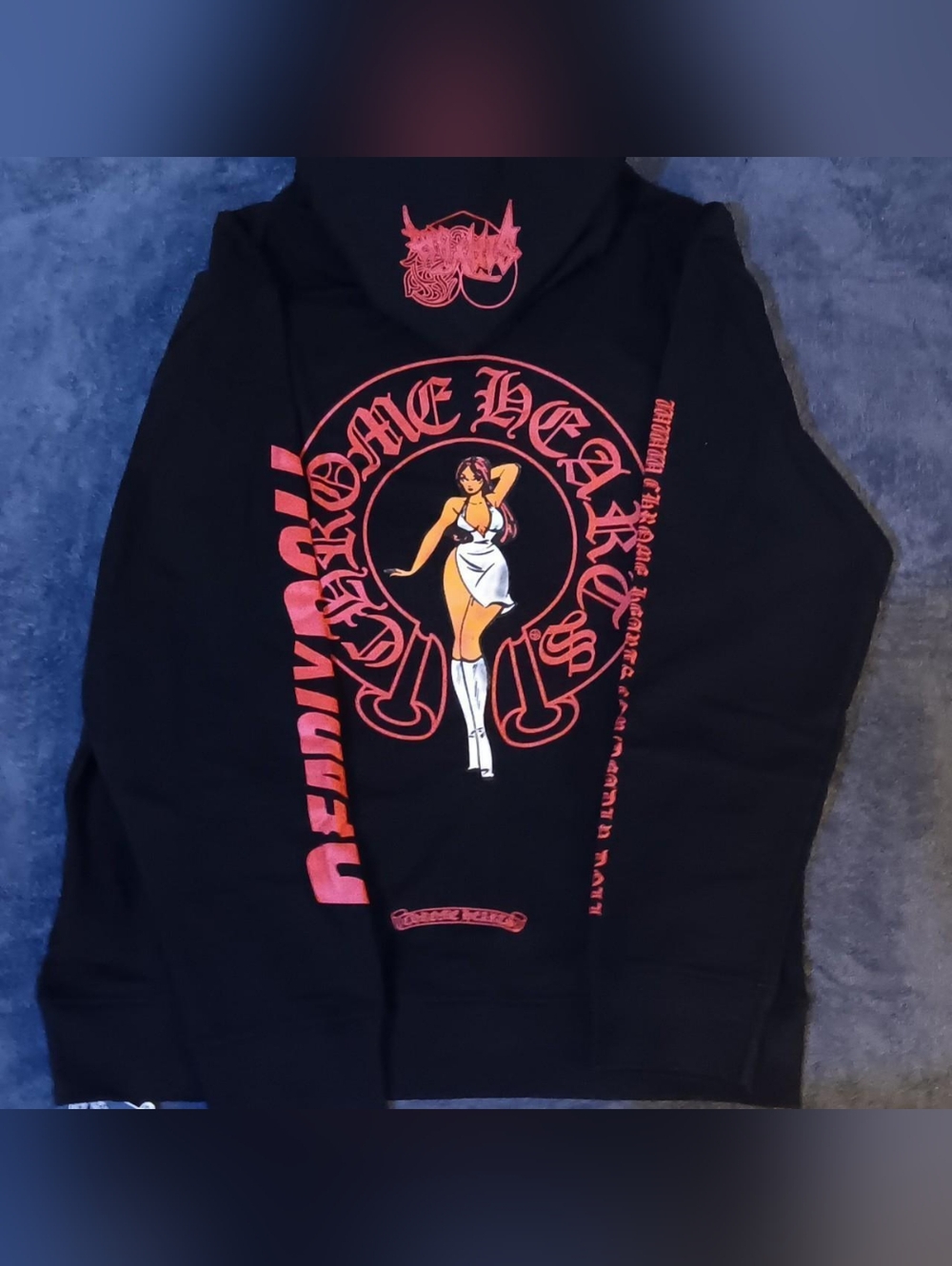(XL) Chrome Hearts Black & Red Deadly Dolls Graphic Hoodie & (XL & Youth Large)